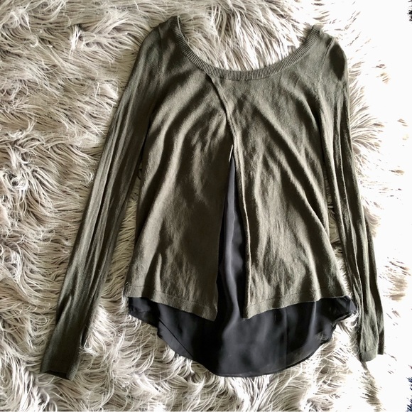 Express Mosscore Olive Green Silk Blend Sweater with Black Mesh Layering Tank - Picture 3 of 5